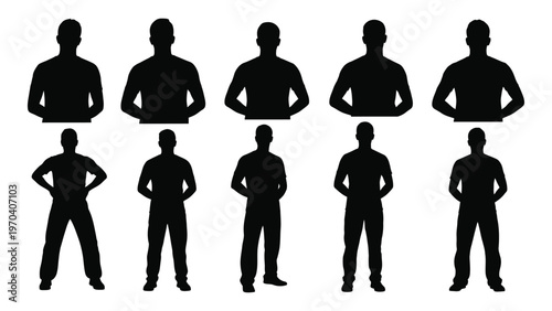 Silhouettes of nine men standing in two rows facing forward