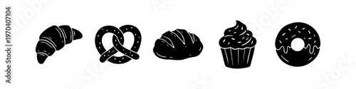 Set of black silhouette icons for various bakery products including croissant, pretzel, bread loaf, cupcake, and donut. Minimalist vector elements for cafe menus and bakery branding.