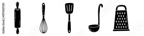Set of minimalist black kitchen utensil silhouettes including a rolling pin, whisk, spatula, ladle, and grater. Ideal icons for cooking, baking, and culinary theme design. Isolated on white.
