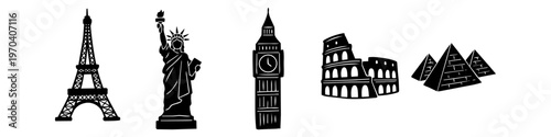 Set of minimalist black silhouettes representing world-famous landmarks including the Eiffel Tower, Statue of Liberty, Big Ben, Colosseum, and Pyramids on a white background.