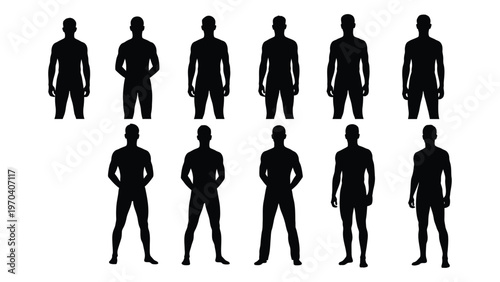 A collection of twelve black silhouettes depicting human figures standing in a row