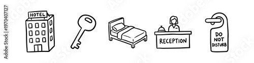 A collection of hand-drawn hotel icons in black and white line art style, featuring a hotel building, room key, bed, reception desk with staff, and a do not disturb sign for travel designs.
