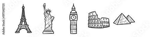 Hand-drawn collection of iconic world landmarks including Eiffel Tower, Statue of Liberty, Big Ben, Colosseum, and Pyramids. Simple black line art doodle icons for travel and tourism designs.