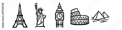 Set of hand-drawn sketches of world-famous landmarks including the Eiffel Tower, Statue of Liberty, Big Ben, Colosseum, and Pyramids. Minimalist travel and tourism icons on a white background.