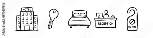 Hand-drawn doodle set of hotel icons including building, key, bed, reception, and door hanger on white background. Simple black line art for travel and hospitality concepts.