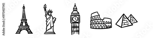Hand-drawn doodle icons of famous world landmarks including the Eiffel Tower, Statue of Liberty, Big Ben, Colosseum, and Pyramids. Minimalist travel illustrations on a white background.