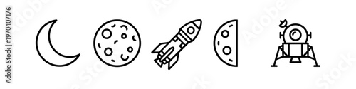 Set of Minimalist Space Exploration Line Icons Featuring Crescent Moon, Full Cratered Moon, Rocket Ship, Half Moon, and Lunar Module Lander on a White Background for Astronomy and Science