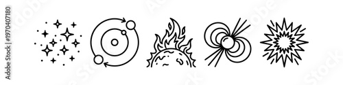 Space and Astronomy Line Icon Set featuring Starfield, Solar System Orbit, Burning Sun, Magnetic Field, and Supernova Explosion for Science and Physics Concepts.