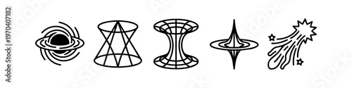 Astrophysics and Space Concept Icon Set Featuring Black Hole Wormhole Spacetime Curvature and Comet Line Art Illustrations for Science and Astronomy