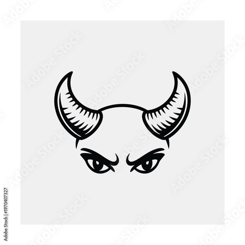 Angry devil face with horns and piercing eyes in black and white
