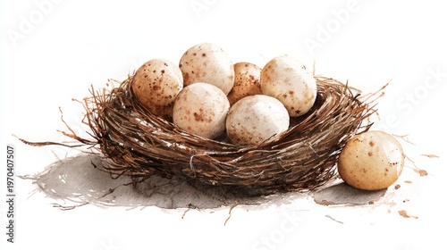 Minimalist watercolor ceramic eggs in rustic nest