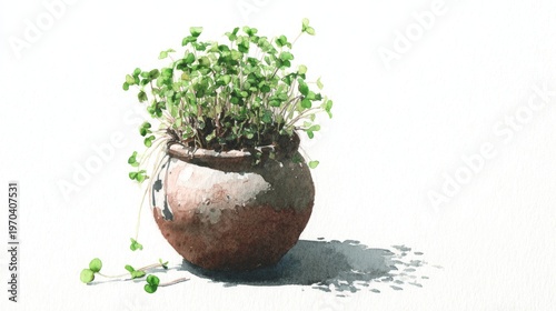 Minimalist watercolor clay pot with microgreens composition