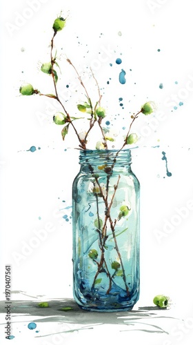 Soft watercolor glass jar and pussy willow with natural palette