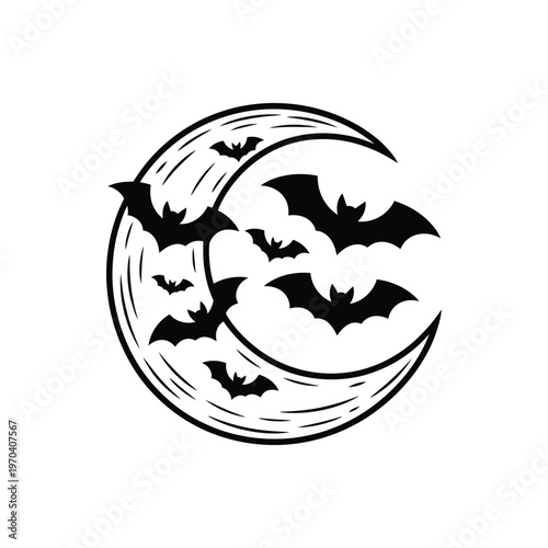 Black silhouette bats flying around crescent moon Halloween symbol