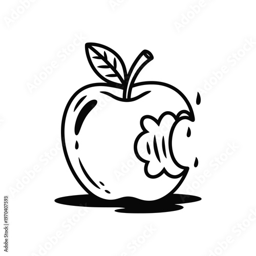 Black and white illustration of a bitten apple with a leaf on top