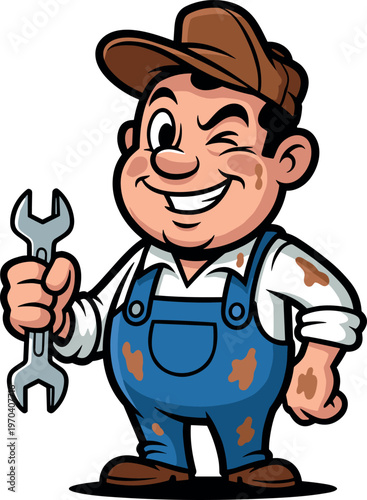 A cartoon mechanic holding a wrench and smiling confidently at the viewer