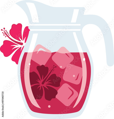 A glass pitcher filled with red hibiscus punch and ice cubes