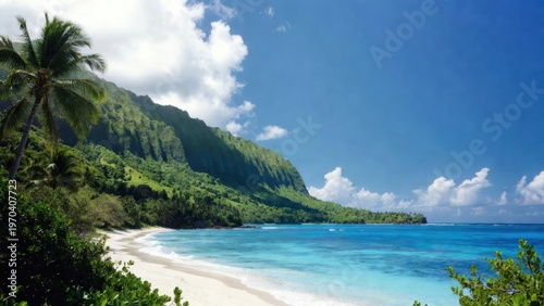Scenic tropical bay with palm trees and emerald sea for travel background and poster design
