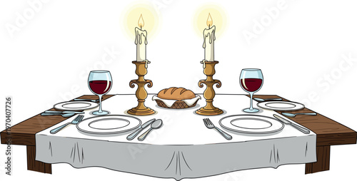 An elegantly set dinner table with candles and wine for a romantic evening