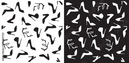 High Heel Fashion Pattern: A captivating pattern featuring numerous high heels in silhouette, rendered in monochrome. The shoes are set against both a black and a white background.