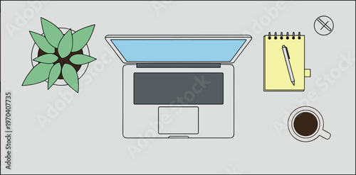 A graphic illustration of a workspace with a printer and office supplies