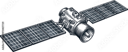 A detailed illustration of a satellite with solar panels in space