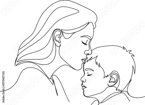 A mother tenderly kisses her young son on the forehead lovingly