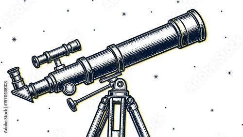 A vintage telescope on a tripod against a starry night sky background