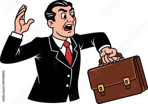 A cartoon businessman in a suit looks worried while holding a briefcase