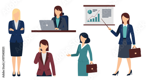 A group of professional women in business attire engaged in various office activities
