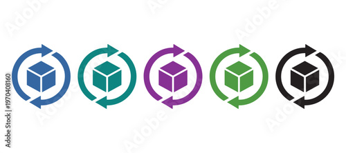 Solid Color Workflow Loop Icon Set, Minimal Business Process Cycle Vector Collection on White Background