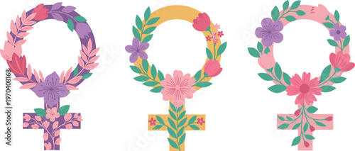 Three floral female symbols representing feminism and women's rights in various colorful designs