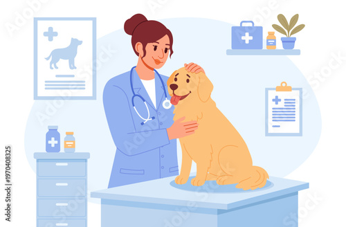 Veterinary Clinic. Female Doctor with Dog. Veterinarian's Day. Flat Vector illustration.
