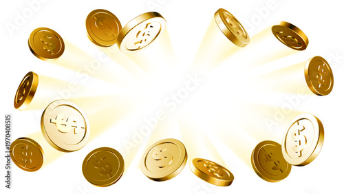 Gold coins splash. Falling golden coin rain and flying 3D dollar money, financial success border with shiny metallic currency, cash wealth flow, and profit growth. Realistic jackpot frame