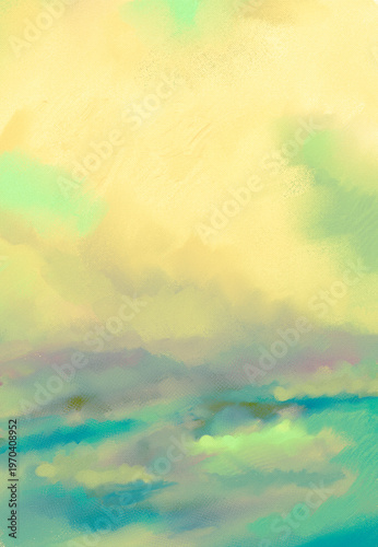Soft Impressionistic Landscape-Clouds in Aqua Sky Over Purple Mountains Majesty & Foothills, Meadow/Valley in Bloom-Digital Art or Painting in Aqua, Purple, Lavender & Green w/Canvas & Paint Texture