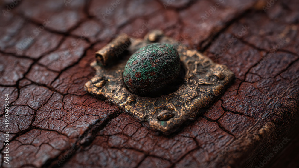 Obraz premium Ancient worn leather book cover with tarnished brass latch, time-worn patina macro.