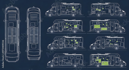 Solar Camper Van AutoCAD Blueprint Vector – Green Energy RV Motorhome Multi View Technical Drawing White Outline on Dark Blue