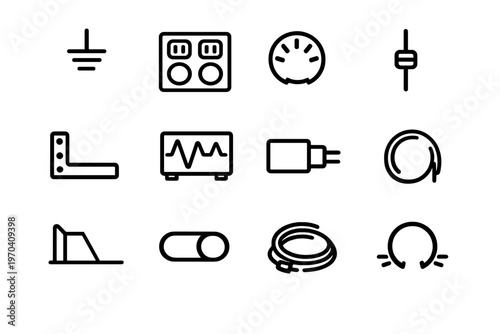 Set of minimalist electronic and electrical engineering line icons featuring power outlet ground symbol and signal waveform