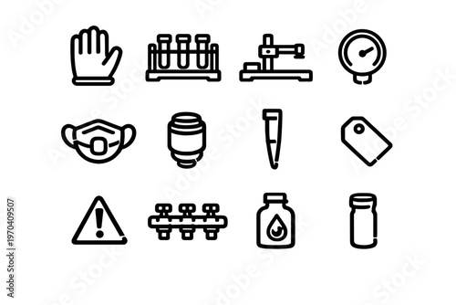 Laboratory equipment and safety icons with test tubes face mask gloves and warning sign for scientific research and medical testing