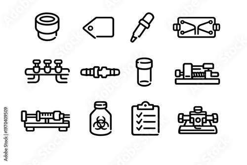 Laboratory equipment icons set including pipette biohazard bottle clipboard and scientific tools for research and medical testing