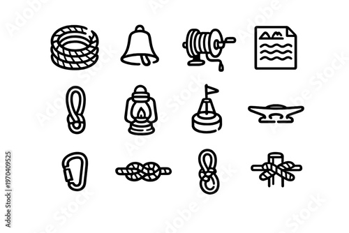 Nautical and sailing equipment icons featuring rope knots bell lantern buoy carabiner and fishing reel for maritime activities