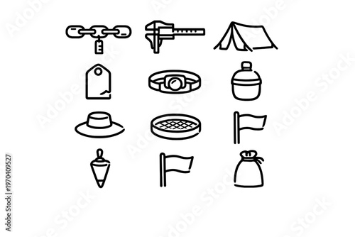 Archaeology and surveying equipment line icons including tent caliper headlamp sieve flag and plumb bob on white background