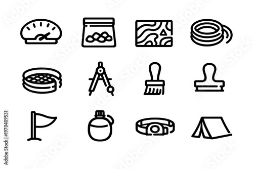 Set of outdoor camping and hiking equipment line icons including tent canteen headlamp map rope and compass tool for adventure travel