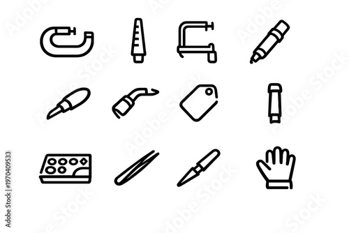 Collection of black and white line elements representing various craft and workshop tools including clamps tweezers and protective gloves