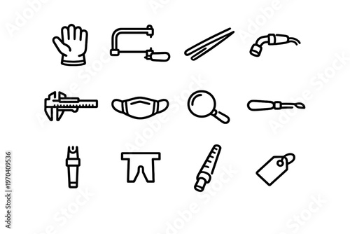Collection of jewelry making and workshop tool icons including caliper hacksaw magnifying glass and protective gear on white background
