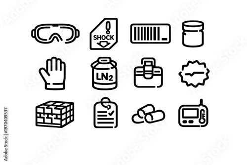Laboratory safety and cryogenic shipping equipment icons including liquid nitrogen tank safety goggles protective gloves and warning labels