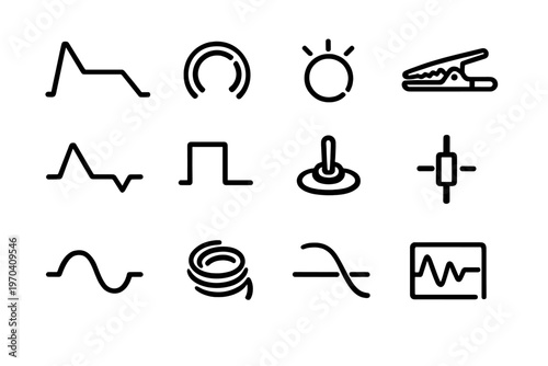 Collection of electronic engineering and physics symbols including waveforms circuit components and laboratory equipment icons on white