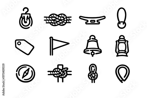 Nautical and maritime equipment line icons featuring rope knots compass bell lantern pulley and flag on white background