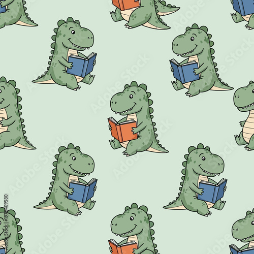 Cute cartoon dinosaurs reading books happily.