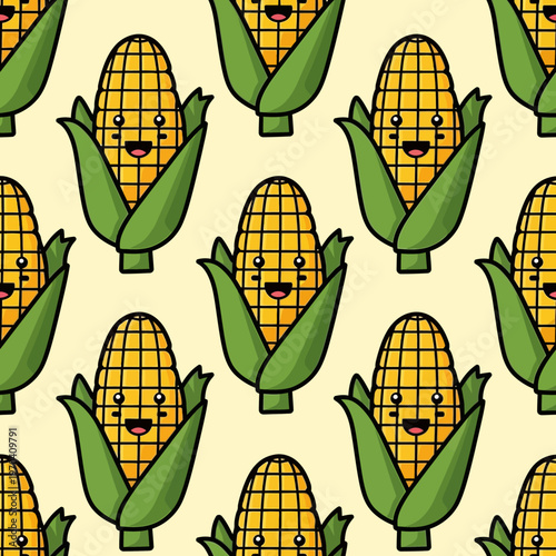 Cute Kawaii Corn Character with Smiling Face.